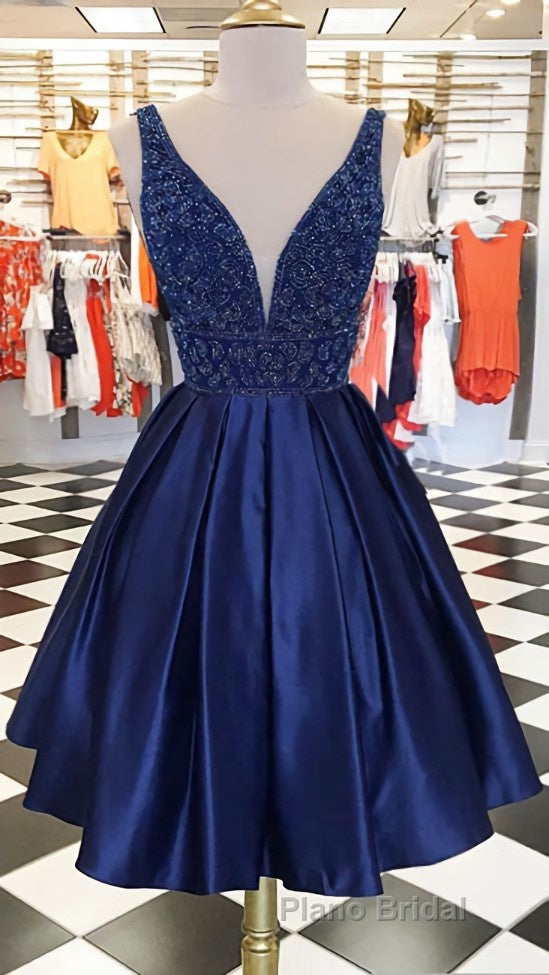 Dark blue v neck beads satin short Formal Prom dress, blue homecoming dress