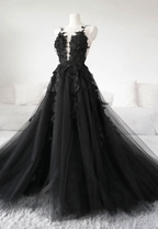 Classic Black Lace Tulle Long Formal Prom Dresses Black Formal Evening Dresses