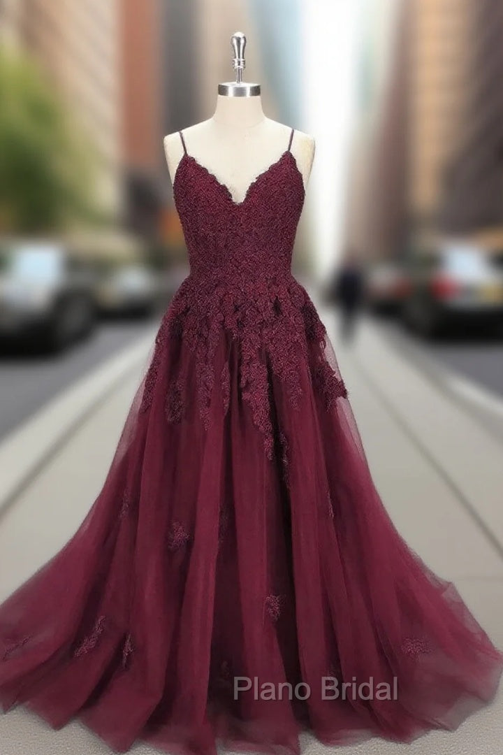 Dark Blue V Neck Tulle Lace Long Formal Prom Dresses Blue Lace Bridesmaid Dresses