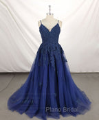 Dark Blue V Neck Tulle Lace Long Formal Prom Dresses Blue Lace Bridesmaid Dresses