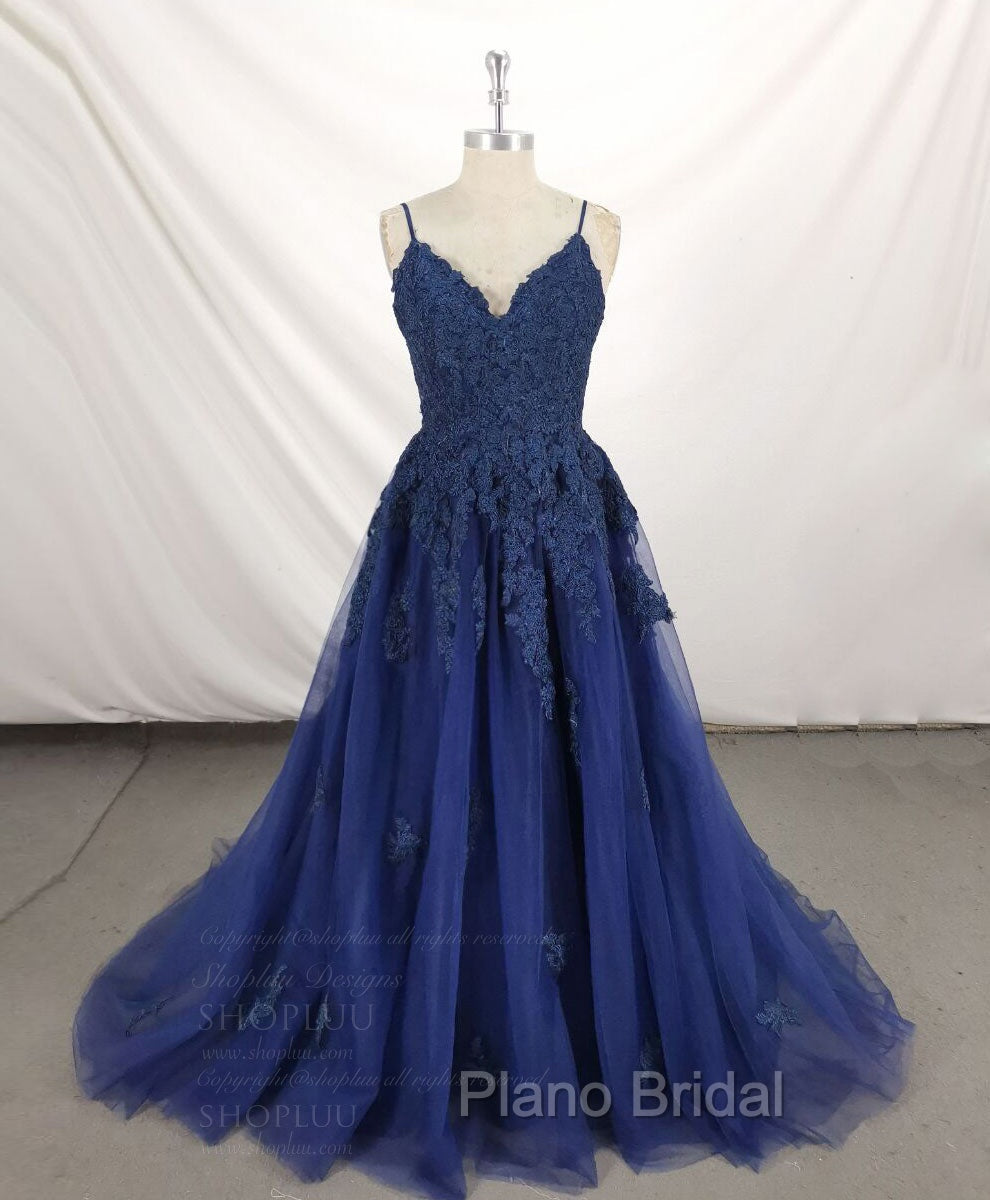 Dark Blue V Neck Tulle Lace Long Formal Prom Dresses Blue Lace Bridesmaid Dresses