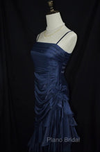 Dark Blue Vintage Floral Elegant Dresses Asymmetrical Hem Formal Prom Gown