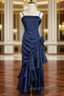 Dark Blue Vintage Floral Elegant Dresses Asymmetrical Hem Formal Prom Gown