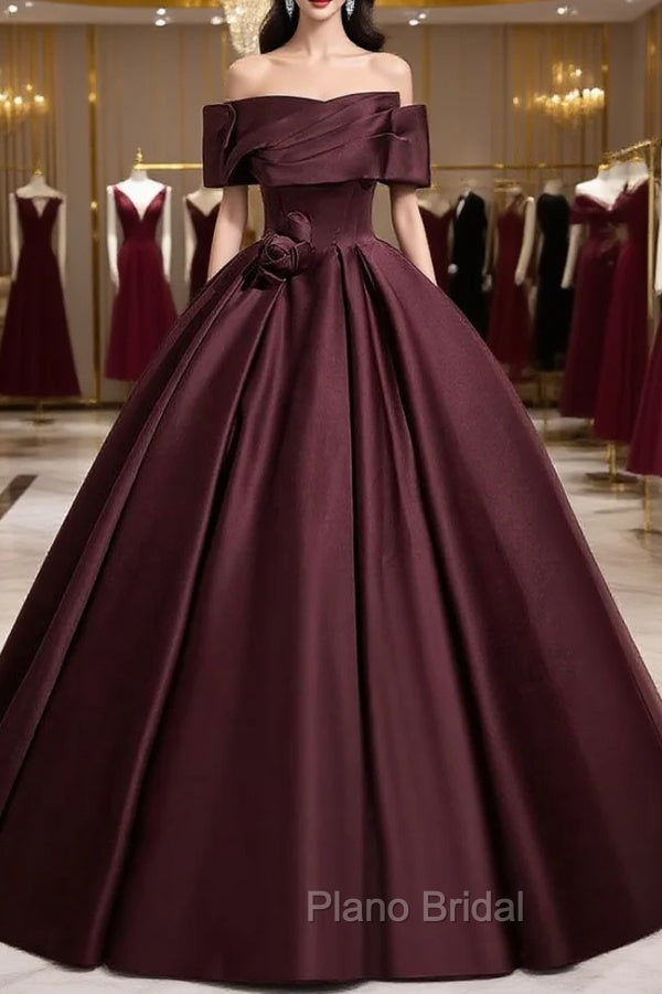 Dark Burgundy Satin Off the Shoulder Flower Formal Prom Dresses Main image