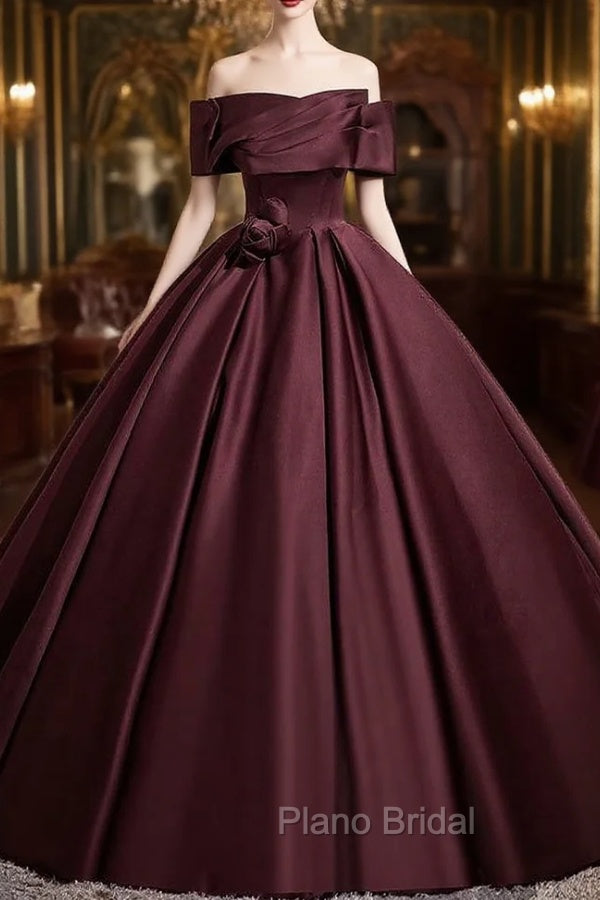 Dark Burgundy Satin Off the Shoulder Pleats Formal Prom Dresses