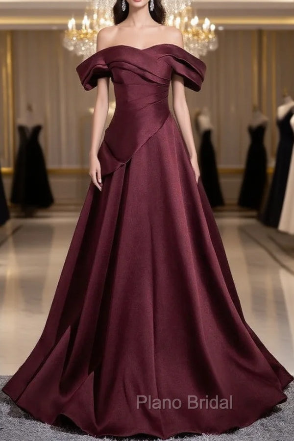 Dark Burgundy Satin Pleats Formal Prom Dresses