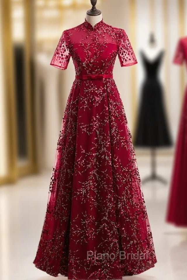 Dark Burgundy Tulle Sequins High Neck Short Sleeve Formal Prom Dresses Main image