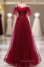 Dark Burgundy Tulle Spaghetti Straps Appliques Beading Formal Prom Dresses