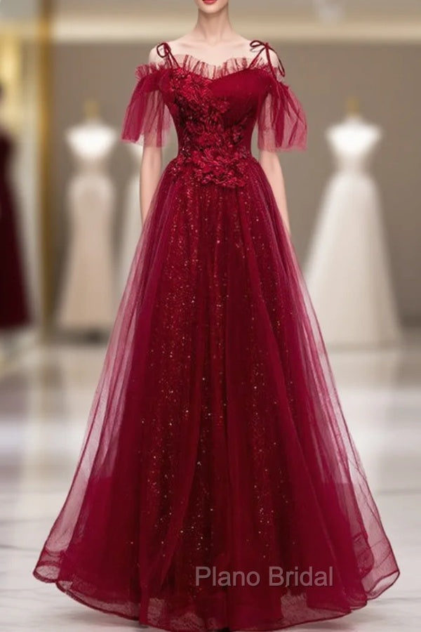 Dark Burgundy Tulle Spaghetti Straps Appliques Beading Formal Prom Dresses Main image