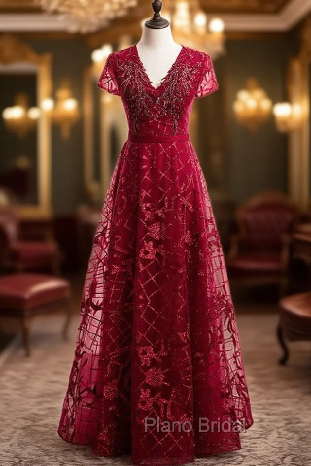 Dark Burgundy Tulle V-neck Cap Sleeve Beading Formal Prom Dresses Main image