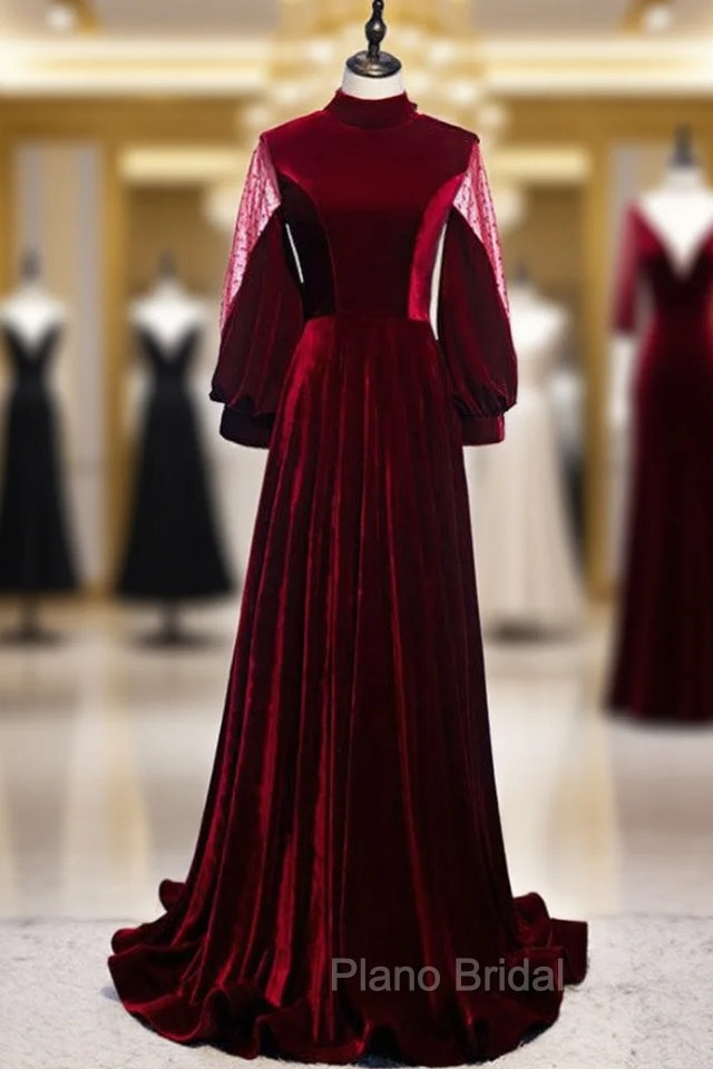 Dark Burgundy Velvet High Neck Long Sleeve Formal Prom Dresses With Bow Main image