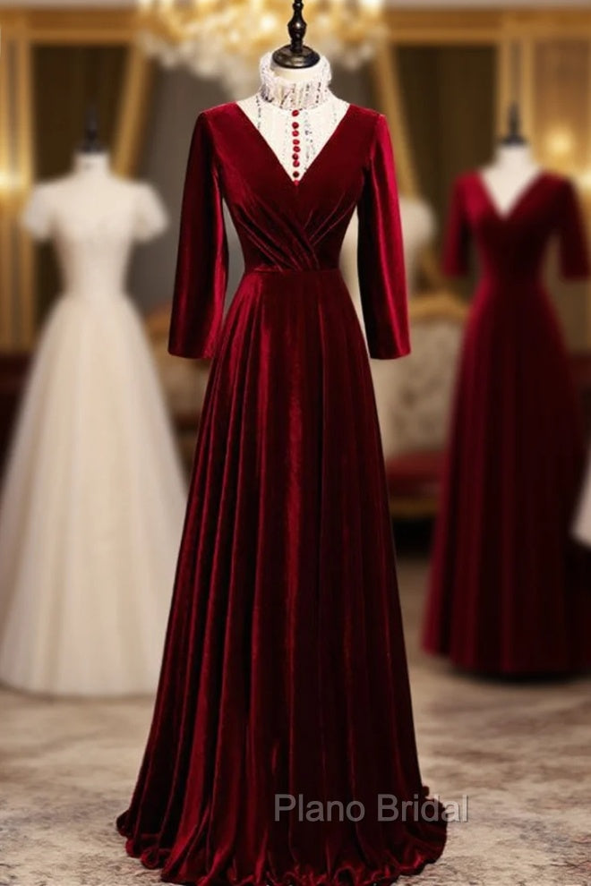 Dark Burgundy Velvet High Neck Long Sleeve Formal Prom Dresses