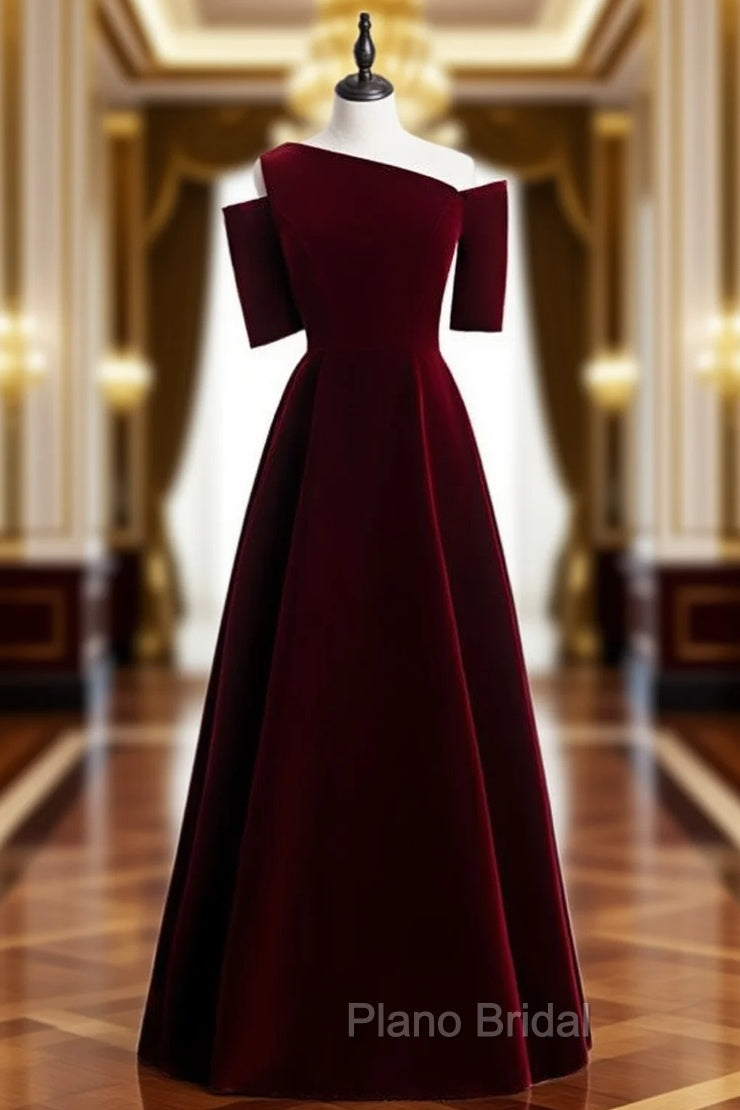 Dark Burgundy Velvet Irregular Neck Short Sleeve Formal Prom Dresses