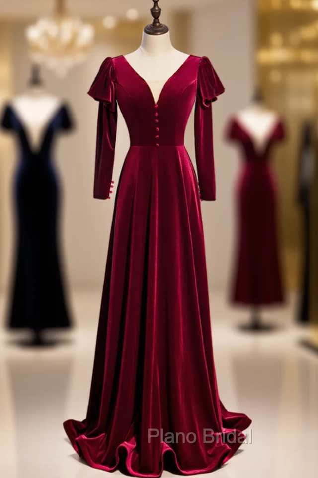 Dark Burgundy Velvet Long Sleeve V-neck Button Formal Prom Dresses Main image
