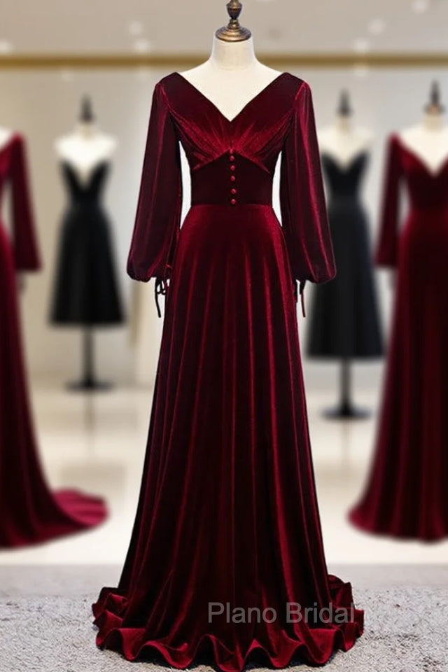 Dark Burgundy Velvet Long Sleeve V-neck Pleats Formal Prom Dresses Main image