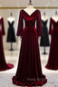 Dark Burgundy Velvet Long Sleeve V-neck Pleats Formal Prom Dresses