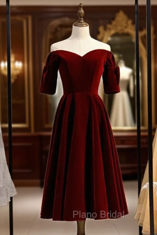 Dark Burgundy Velvet Off the Shoulder Short Sleeve Formal Prom Dresses Main image