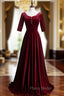 Dark Burgundy Velvet Short Sleeve Formal Prom Dresses With Pearls