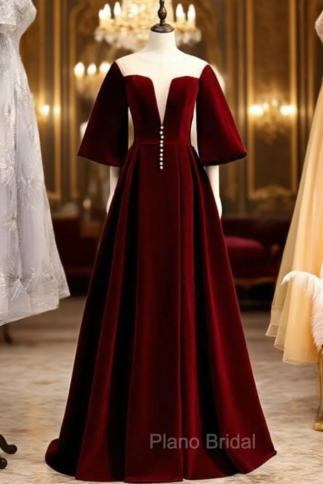Dark Burgundy Velvet Short Sleeve See Through V-neck Formal Prom Dresses Main image