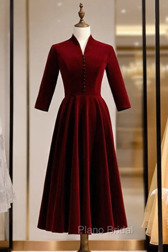 Dark Burgundy Velvet Short Sleeve Short Formal Prom Dresses With Bow Main image