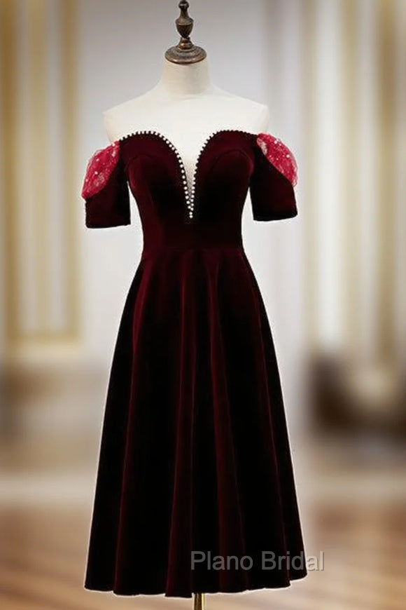 Dark Burgundy Velvet Short Sleeve Tea Length Formal Prom Dresses Main image