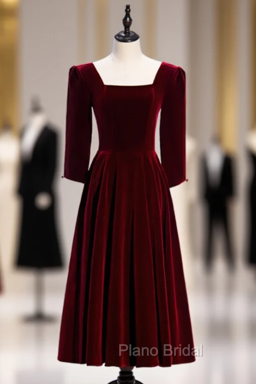 Dark Burgundy Velvet Square Half Sleeve Tea Length Formal Prom Dresses