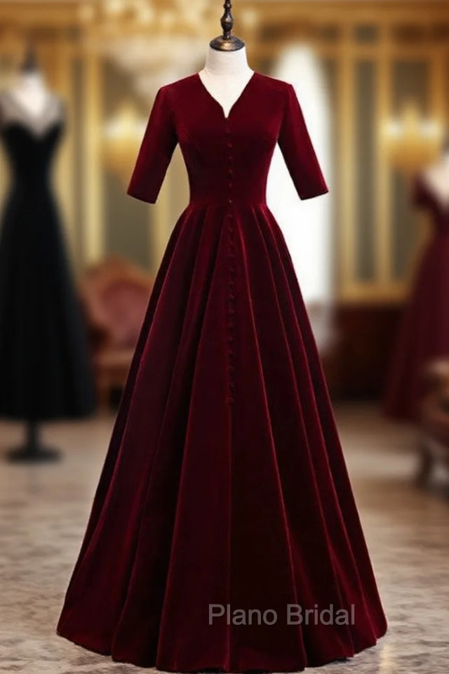 Dark Burgundy Velvet V-neck Short Sleeve Formal Prom Dresses Main image
