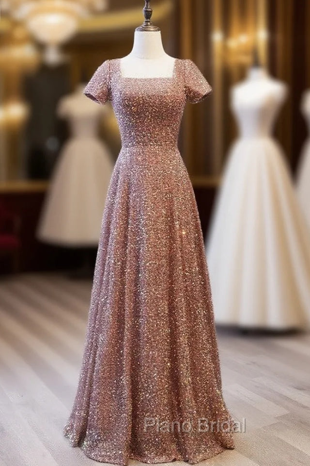 Dark Champagne Sequins Square Formal Prom Dresses