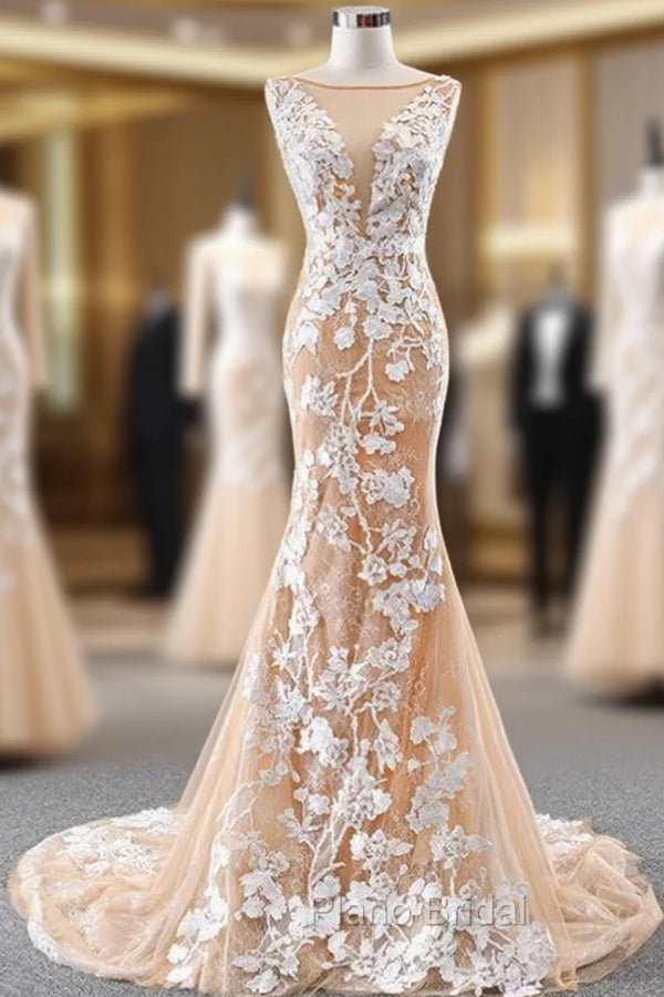 Dark Champagne Tulle Mermaid Lace Appliques Formal Prom Dresses