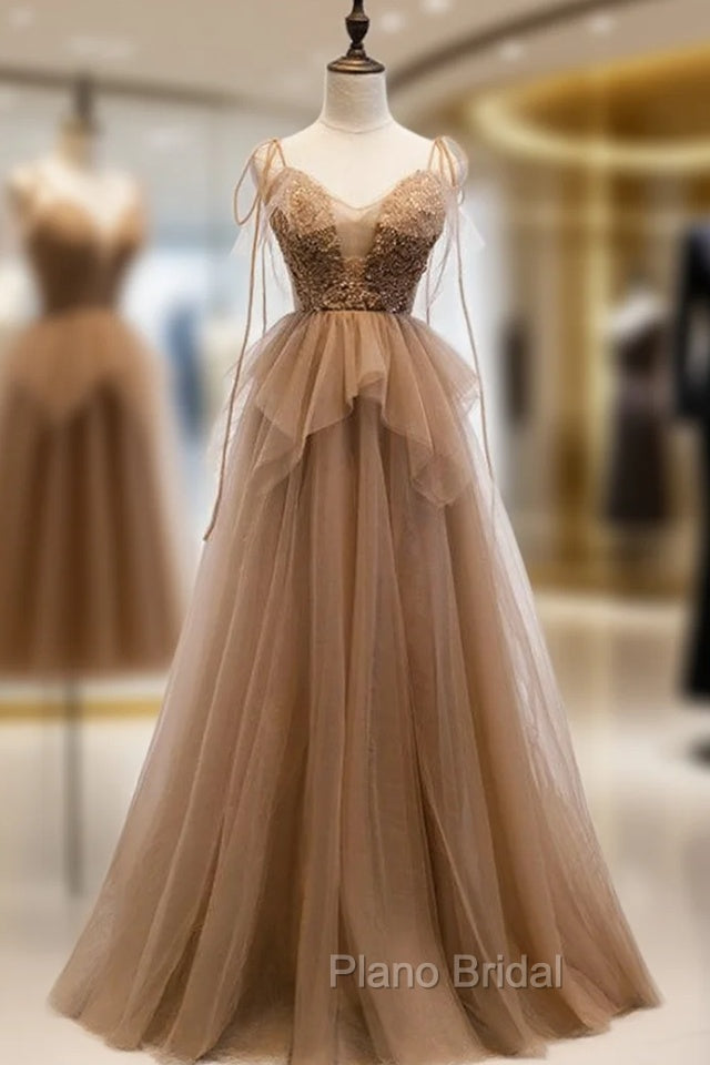 Dark Champagne Tulle Spagehtti Straps Beading Formal Prom Dresses