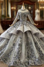 Dark Gray Ball Gown Tulle Embroidery Appliques Long Sleeve Wedding Dresses