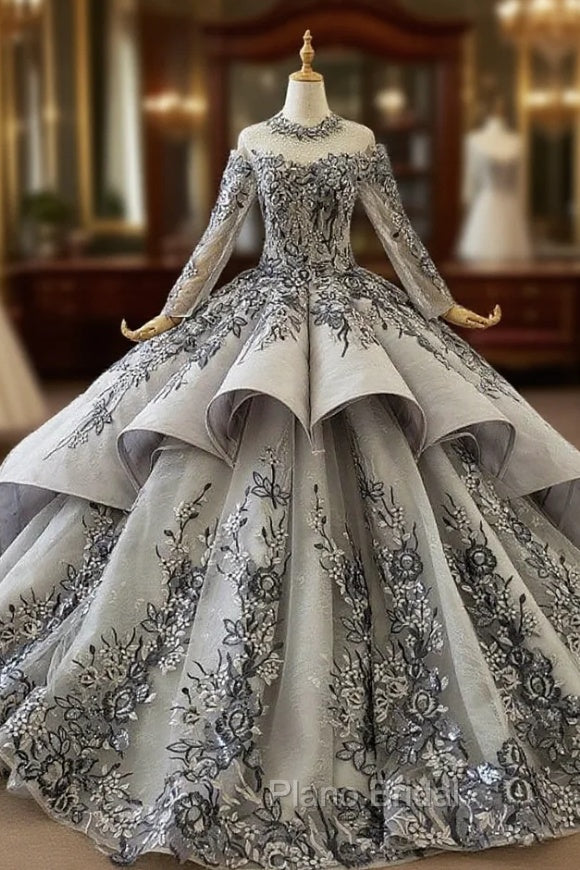 Dark Gray Ball Gown Tulle Embroidery Appliques Long Sleeve Wedding Dresses