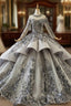 Dark Gray Ball Gown Tulle Embroidery Appliques Long Sleeve Wedding Dresses