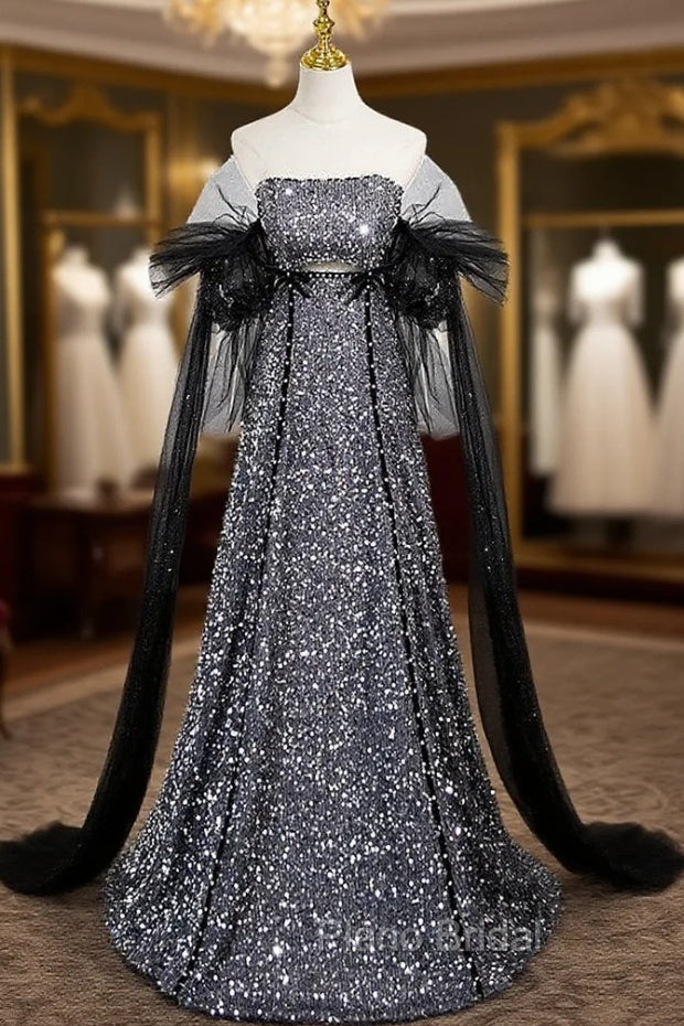 Dark Gray Sequins Strapless Formal Prom Dresses Main image