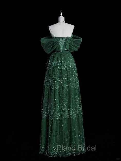 Dark Green A Line Off-the-shoulder Layered Shiny Tulle Formal Prom Dresses Secondary image