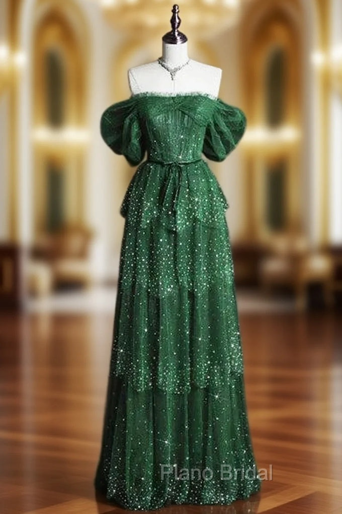 Dark Green A Line Off-the-shoulder Layered Shiny Tulle Formal Prom Dresses