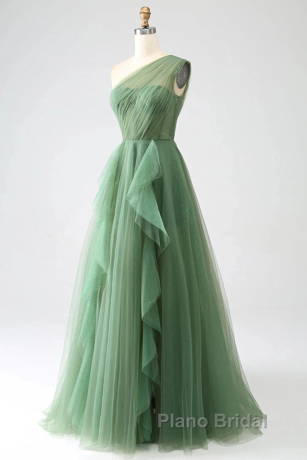 Dark Green A-Line One-Shoulder Sequins Tulle Long Formal Prom Dresses Secondary image