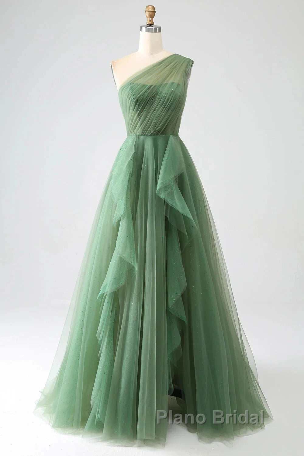 Dark Green A-Line One-Shoulder Sequins Tulle Long Formal Prom Dresses