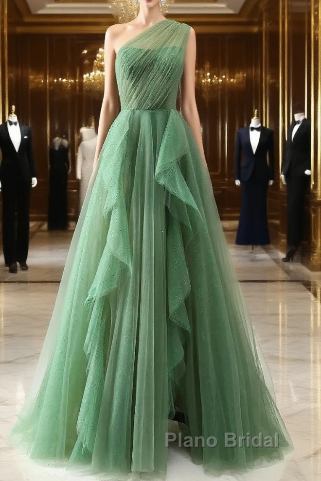 Dark Green A-Line One-Shoulder Sequins Tulle Long Formal Prom Dresses Main image