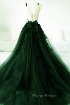 Dark Green A-Line Open Back Tulle Lace Floral Formal Dresses, Green Long Formal Prom Dresses