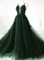 Dark Green A-Line Open Back Tulle Lace Floral Formal Dresses, Green Long Formal Prom Dresses