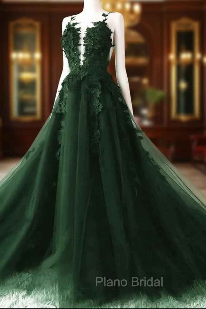 Dark Green A-Line Open Back Tulle Lace Floral Formal Dresses, Green Long Formal Prom Dresses Main image