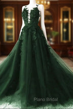 Dark Green A-Line Open Back Tulle Lace Floral Formal Dresses, Green Long Formal Prom Dresses
