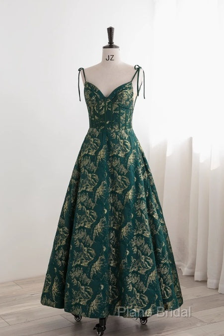Dark Green A-Line Spaghetti Strap Satin Long Formal Prom Dresses Sweetheart Neckline Retro Bridal Dresses