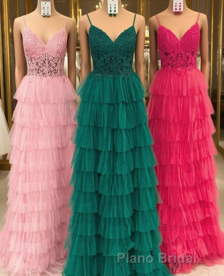 Dark Green A-Line Tiered Tulle Long Formal Prom Dresses with Lace Main image