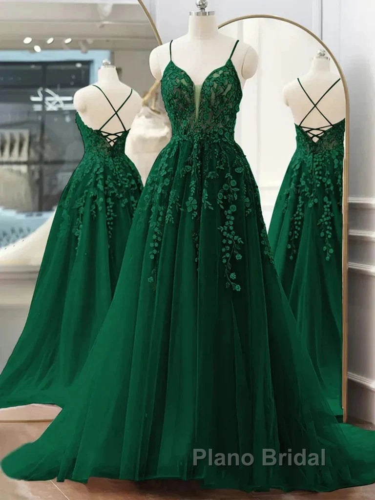 Dark Green A-Line Tulle Lace Long Formal Prom Dresses V Neck Lace Formal Evening Dresses