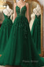 Dark Green A-Line Tulle Lace Long Formal Prom Dresses V Neck Lace Formal Evening Dresses