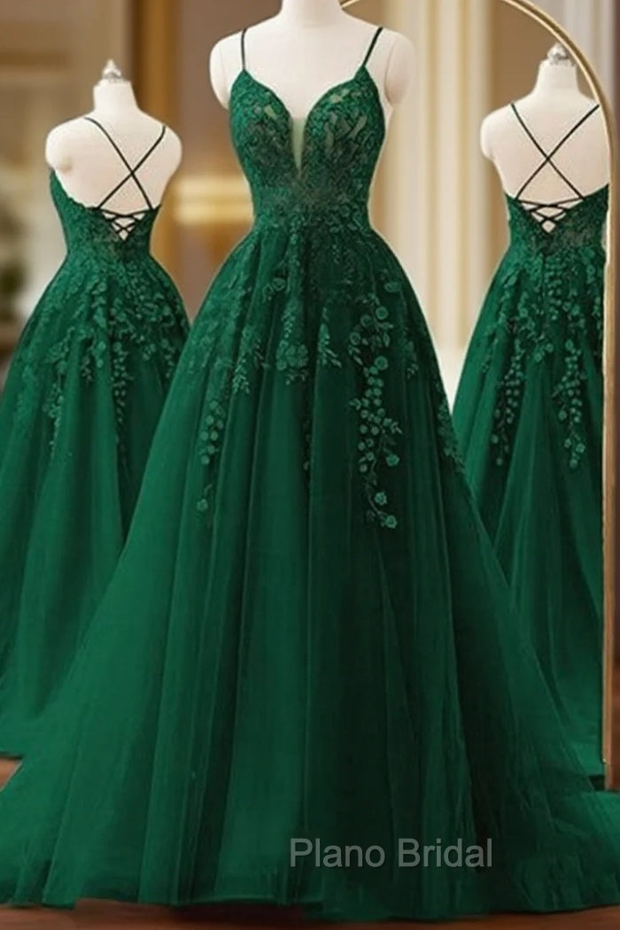 Dark Green A-line V-neckline Tulle and Lace Party Dresses, Green Long Formal Prom Dresses Main image