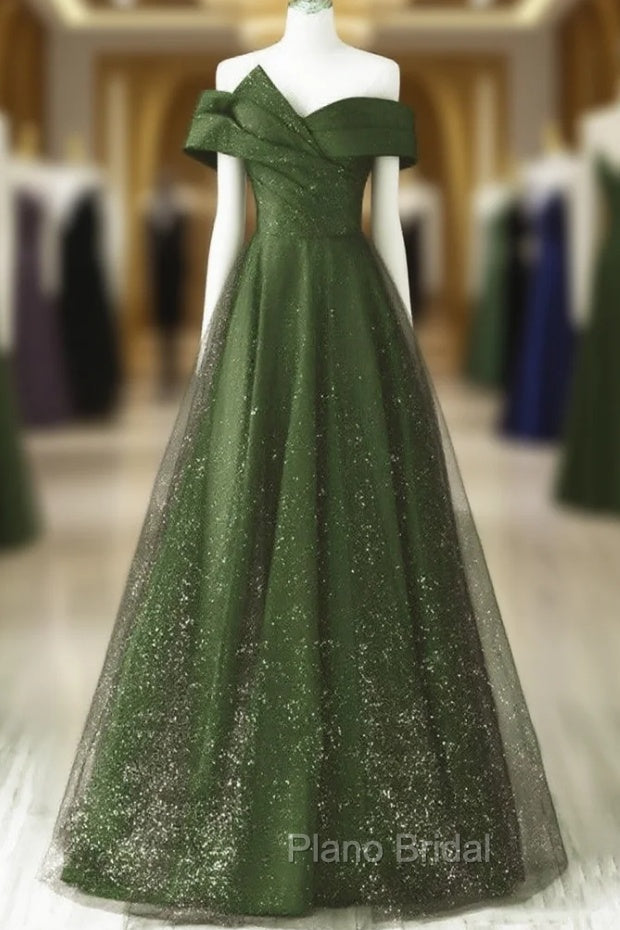 Dark Green and Black A-line Satin Long Party Dresses, Simple Long Formal Prom Dresses Main image