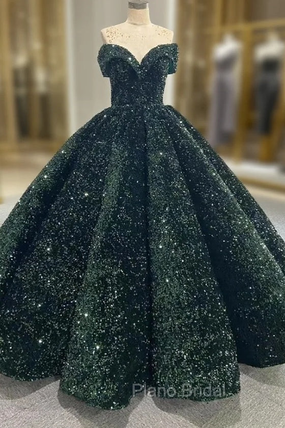 Dark Green Ball Gown Sequins Off the Shoulder Formal Prom Dresses Main image